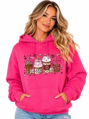 Pink Cat Mom Coffee Cups Hearts Graphic Women Custom Hoodie